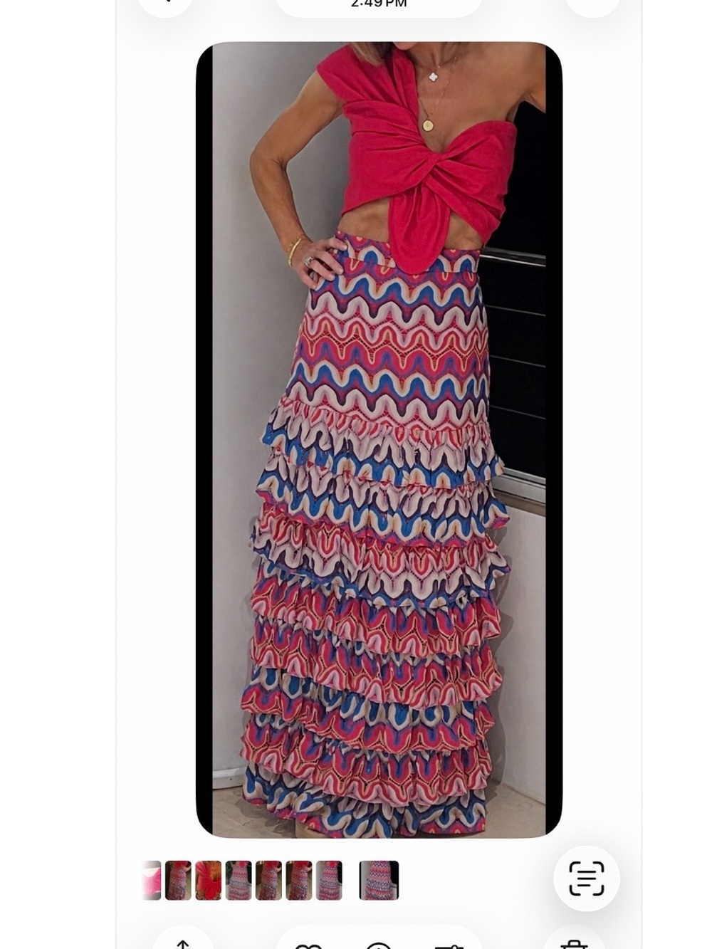 PatBO Multicolor Ruffle Maxi Skirt - Pink, Blue, Cream Wave Print with Pink top